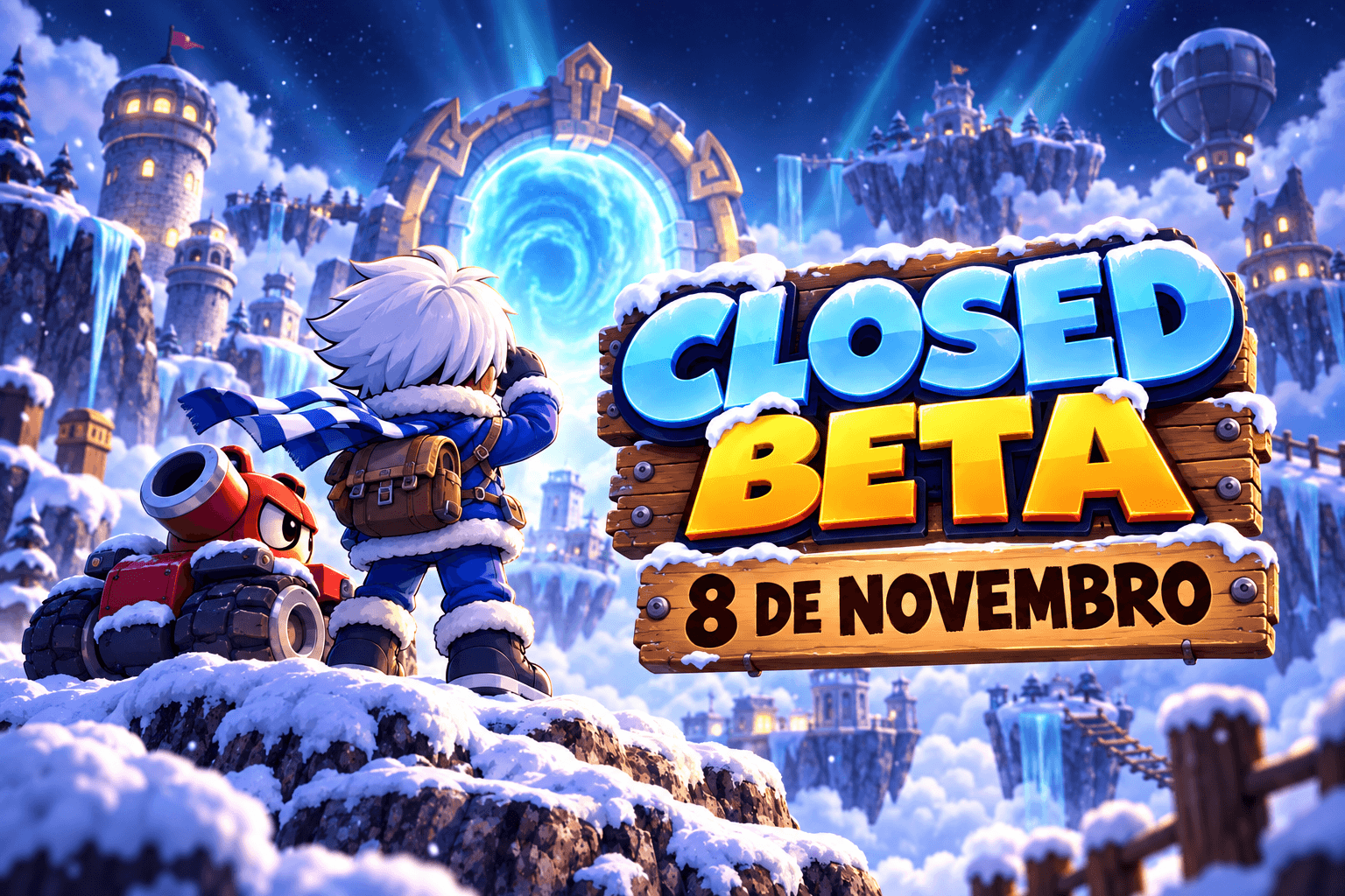 Aventureiro e mobile em cenário nevado diante de uma placa com Closed Beta e 8 de novembro