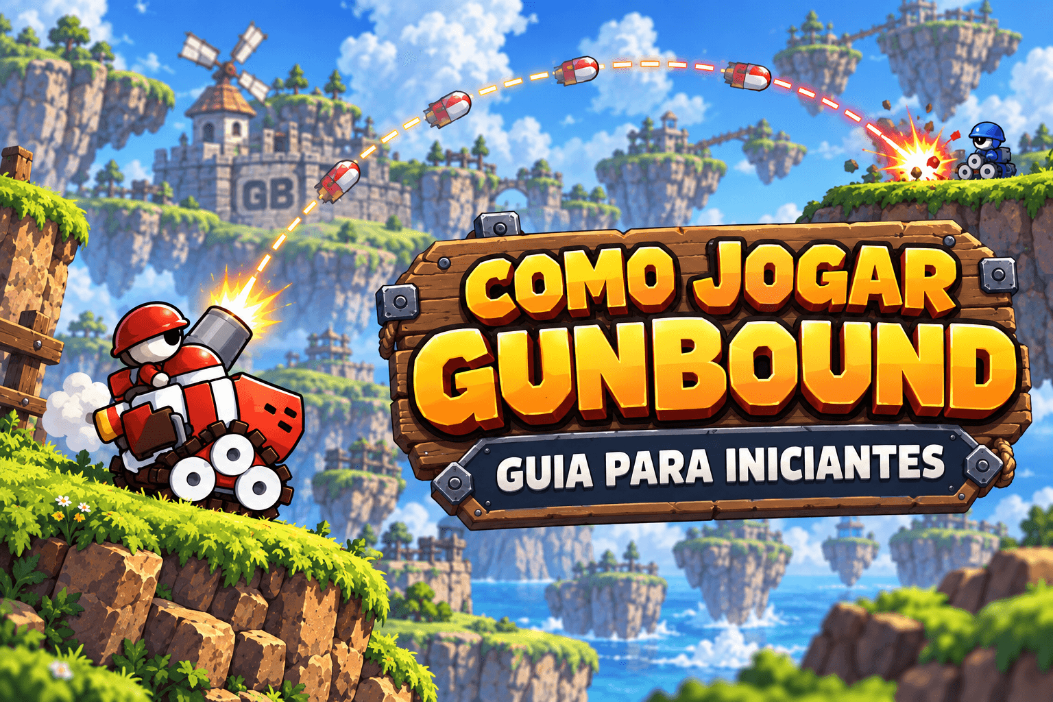 Mobile Armor dispara em cenário de ilhas flutuantes ao lado do título Como jogar GunBound — guia para iniciantes