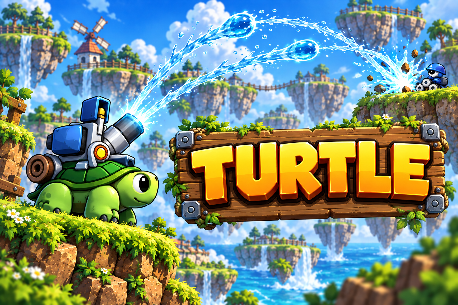 Mobile Turtle dispara duas correntes de água ao lado de uma placa com o nome Turtle