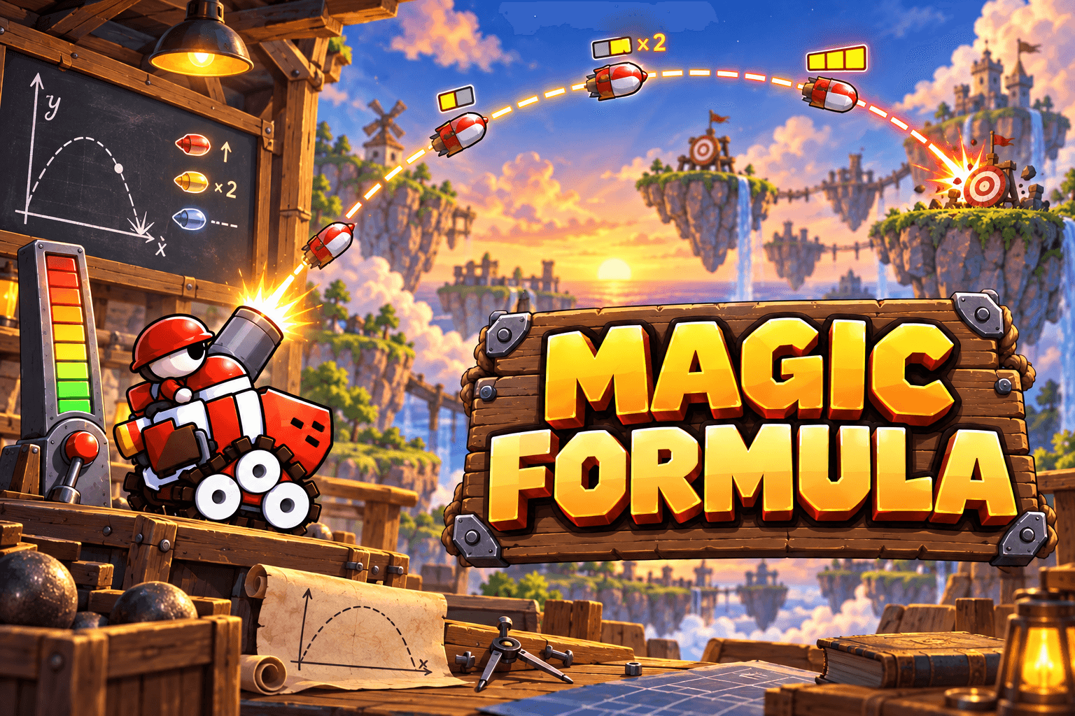 Mobile em oficina de artilharia dispara diante de trajetórias e uma placa Magic Formula