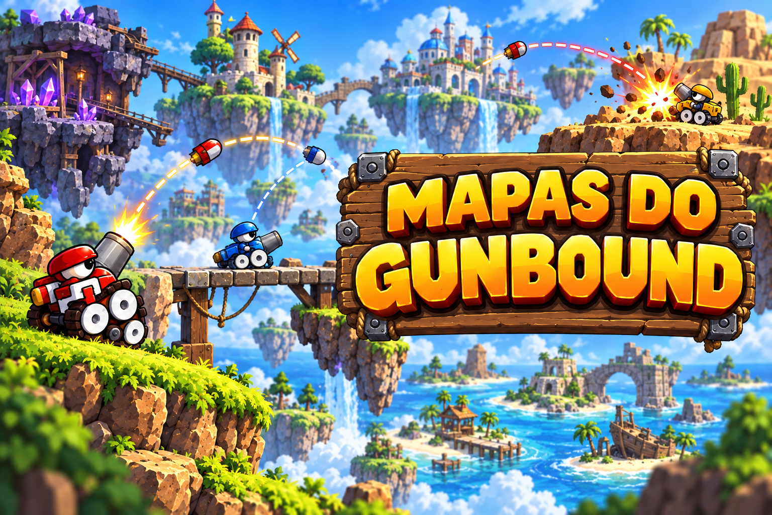 Panorama de diferentes mapas com ilhas, mina, cidade e deserto ao lado da placa Mapas do GunBound