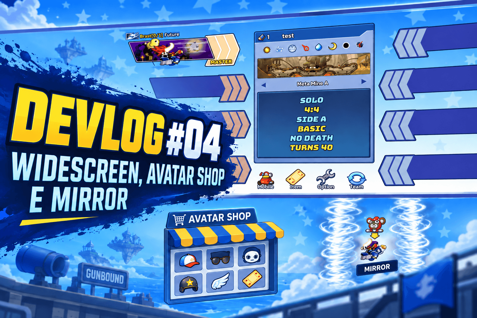 Interface widescreen do novo GunBound GIS com destaque para o DEVLOG #04, a Avatar Shop e o efeito Mirror