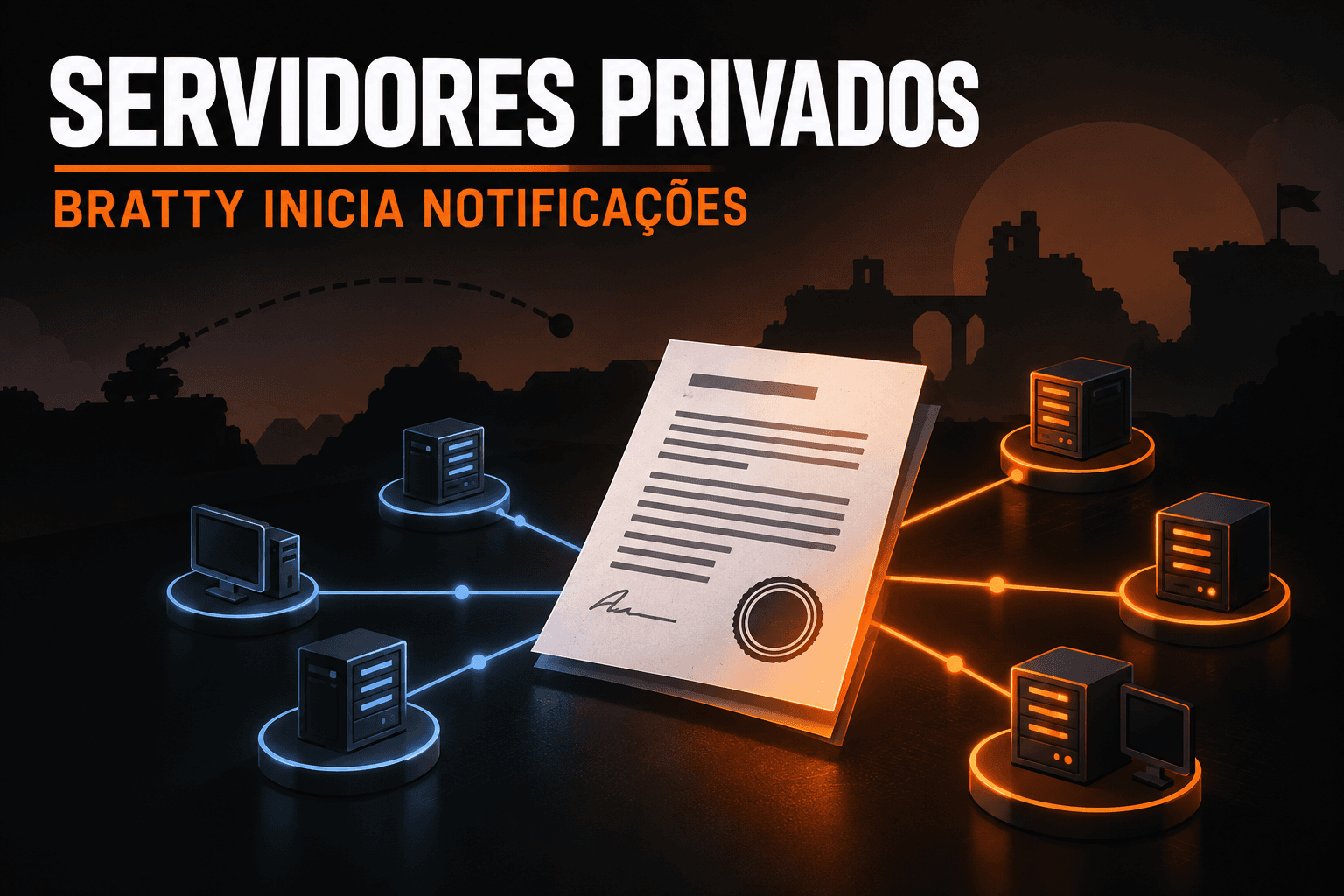 Documento formal ligado a servidores em rede, com o título Servidores privados: Bratty inicia notificações